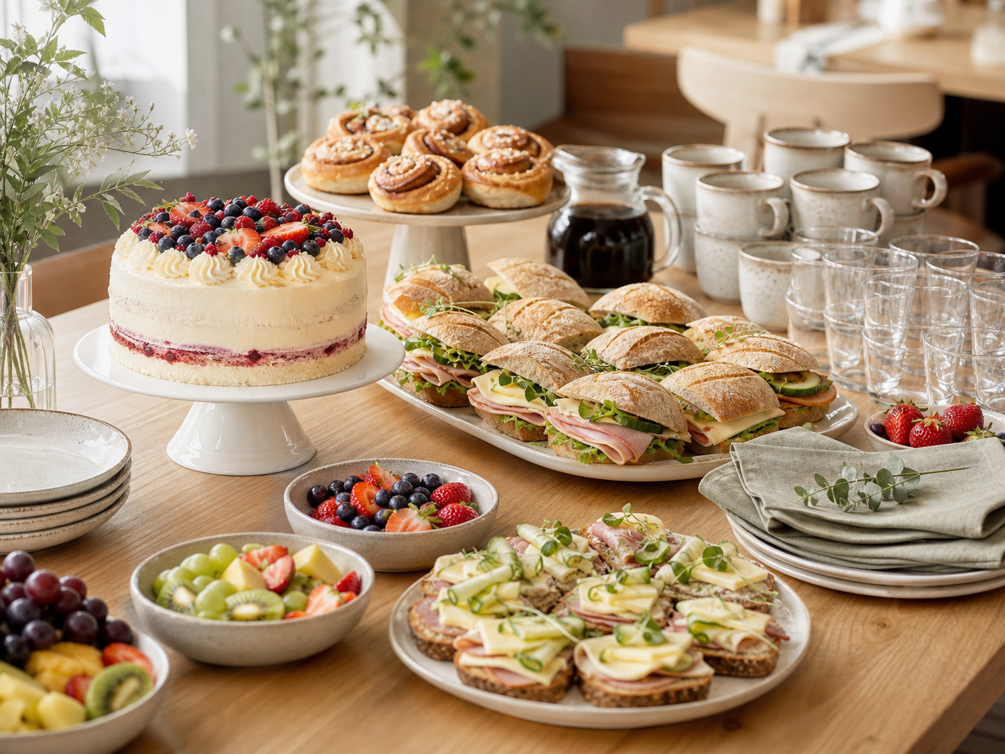 Uppdukat bord med tårta, kanelbullar, smörgåsar, frukt och bär